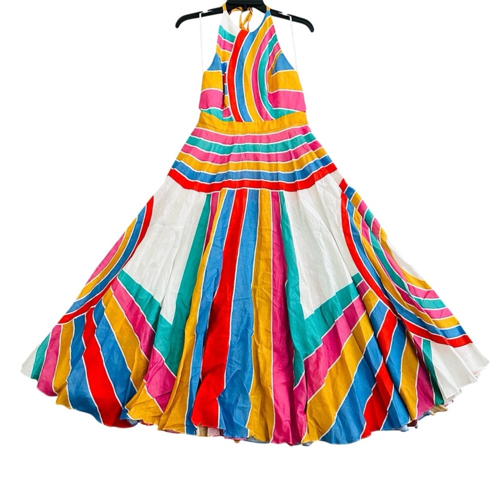 Zimmermann Fiesta Rainbow Striped Linen Halter Neck Midi Dress size 2 | US 10 - Picture 5 of 16